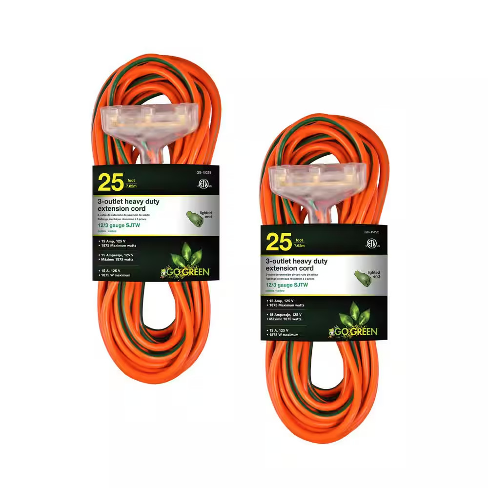 Gogreen Power (G-15225-2) 25 Ft. 12/3 3 Outlet Indoor Heavy Duty Extension Cord,