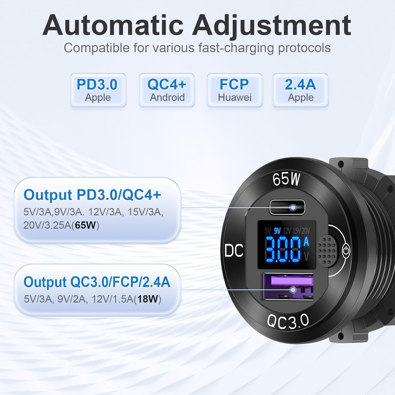 12V USB Outlet Aluminum Car Charger PD65W Port for Laptops, Quick Charge 3.0