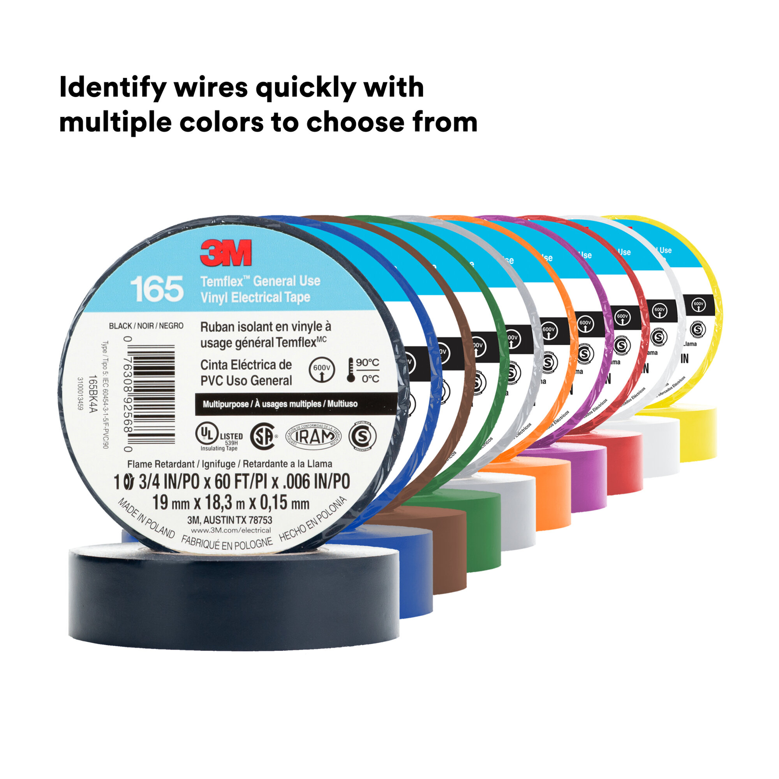 3M Temflex Vinyl Electrical Tape 165, Yellow, 3/4 in x 60 ft (19 mm x 18 m)