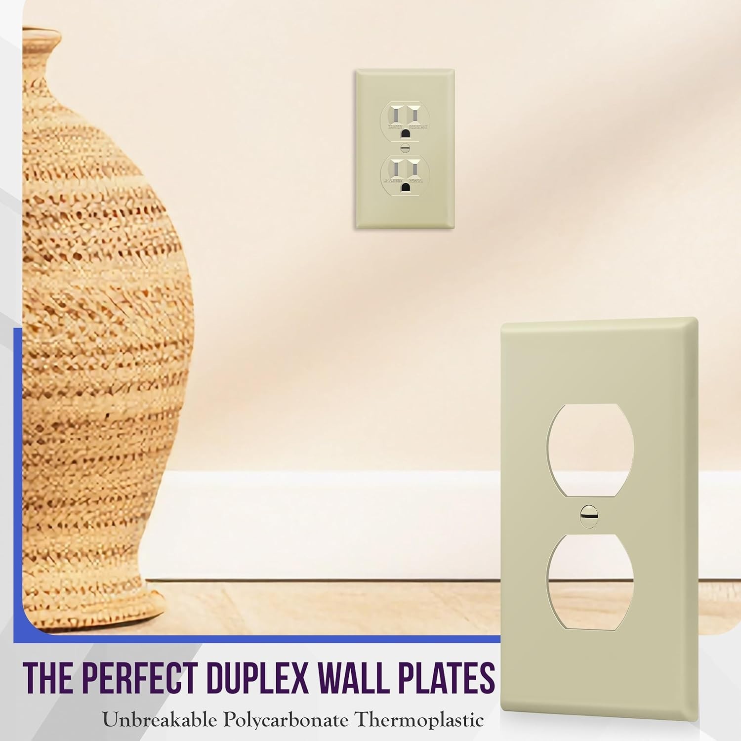 Standard Size Duplex Outlet Covers – Unbreakable Polycarbonate, 10 Pack Ivory