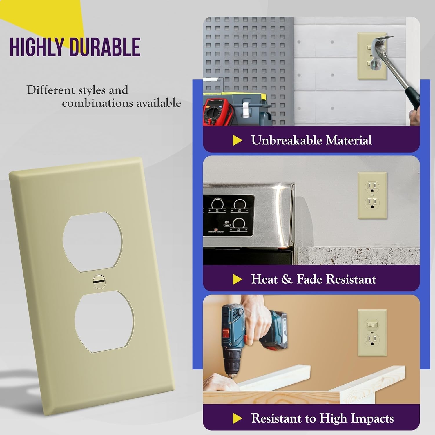 Standard Size Duplex Outlet Covers – Unbreakable Polycarbonate, 10 Pack Ivory