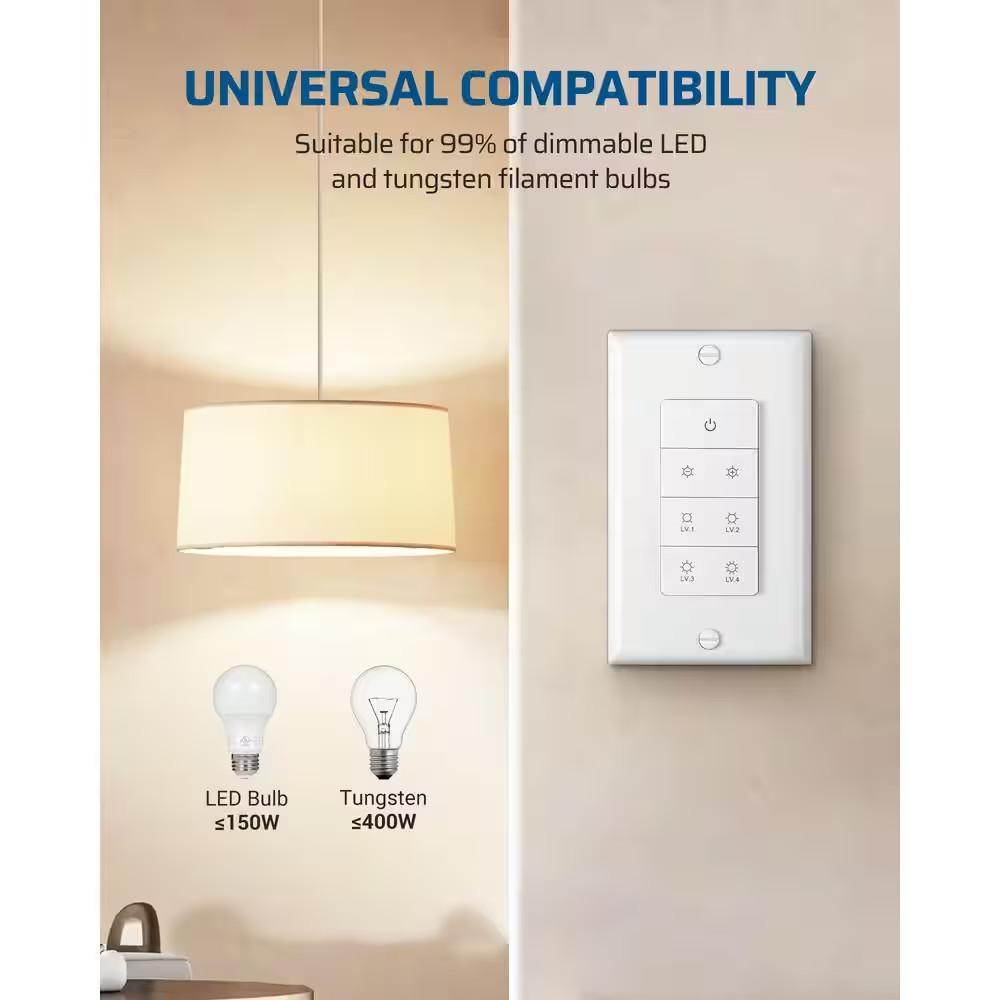 White On/Off 1-Way Adjustable Brightness Button Dimmer Switch for CFL, Halogen,