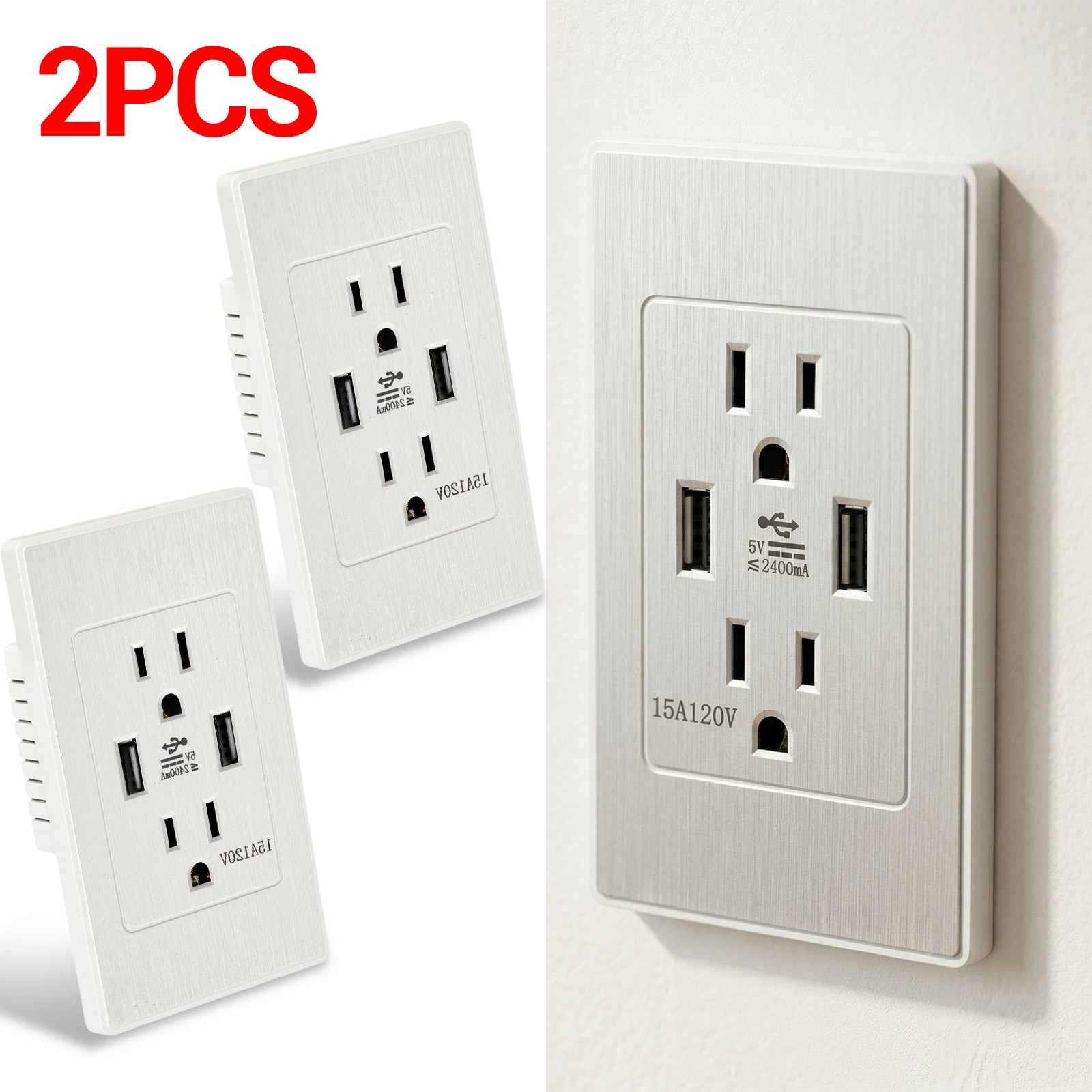 2PCS Dual USB A Wall Outlet Charger Port Socket 15A 125V Electrical Receptacles