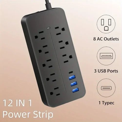 US Power Strip Surge Protector 8 AC Outlets 3 USB Ports + Type C Port 4 FT Cable
