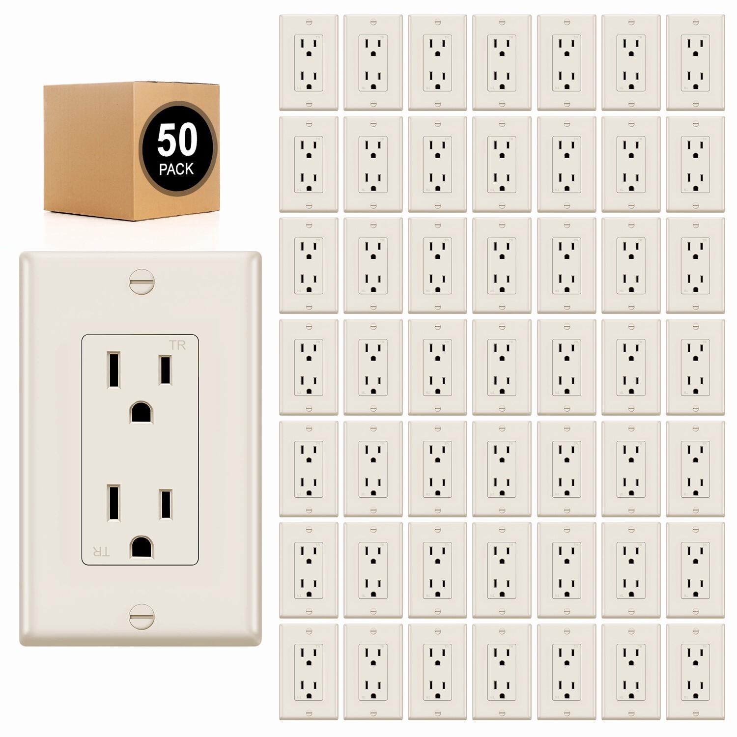 50 Pack MICMI Outlet Socket, Decora Duplex Receptacle 15 Amp, Tamper Resistant