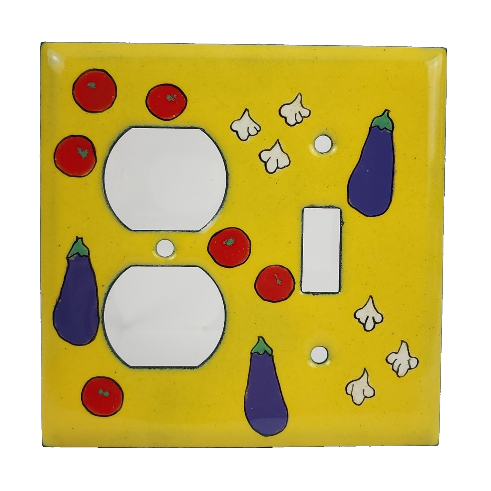 Vintage Enameled Copper Kitchen Light Switch Outlet Cover Yellow w Vegetables