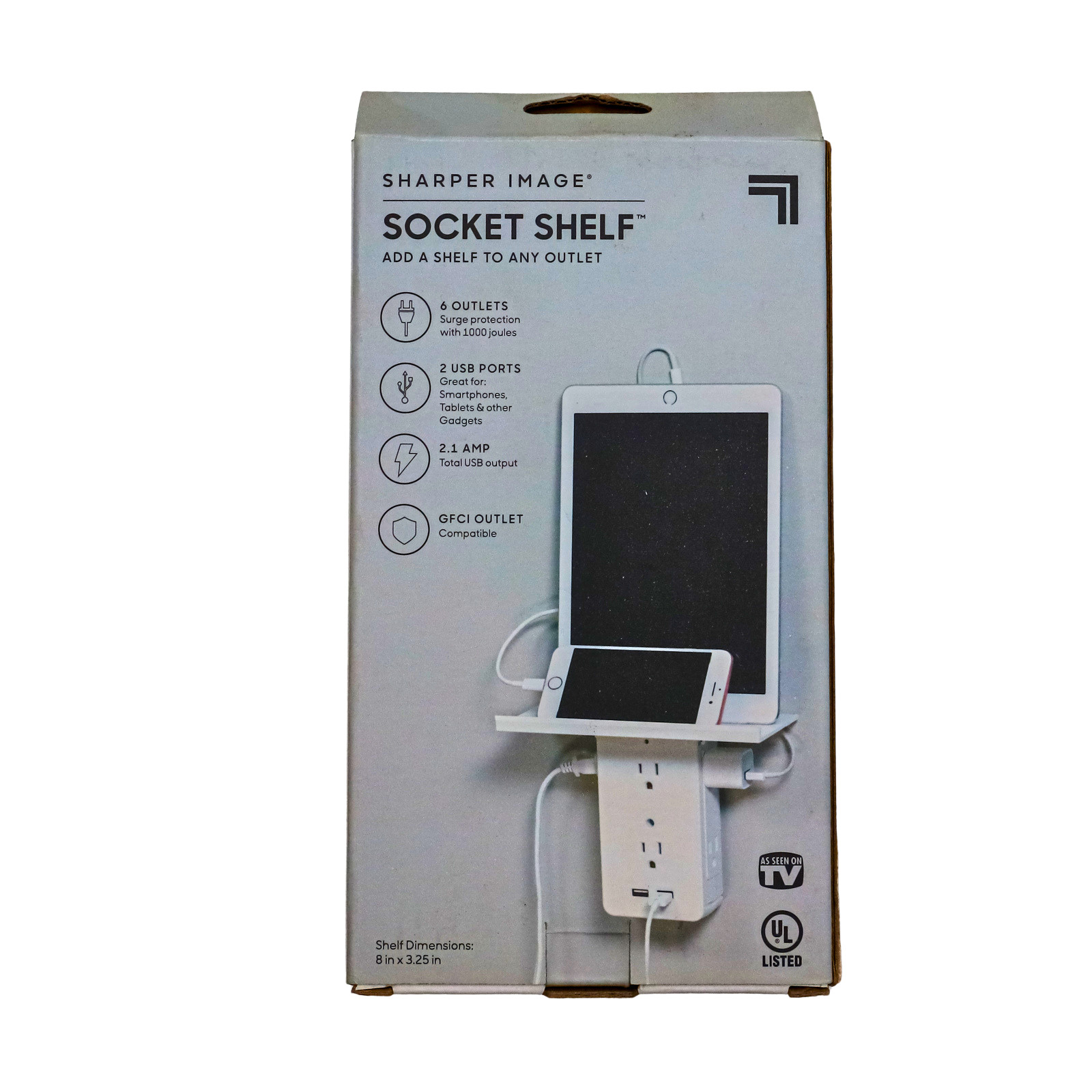 Sharper Image Surge Protection Socket Shelf 8in x 3.25in White