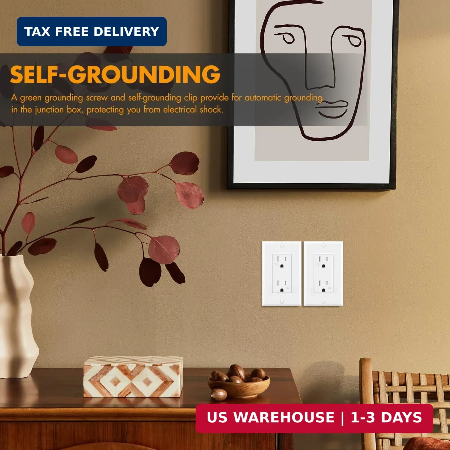Decorator Receptacle Outlet, Standard Electrical Wall Tamper Resistant Decorativ