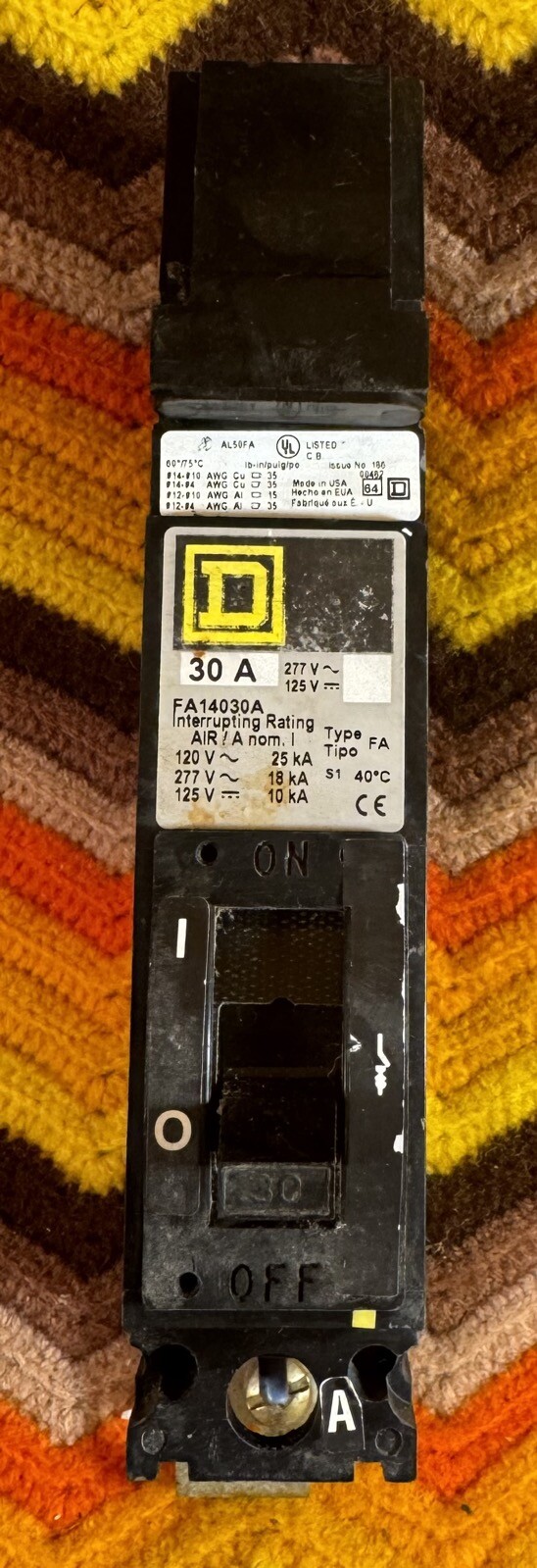 Square D Circuit Breaker FA14030 30A 277V/125V 1-Pole HACR NOS
