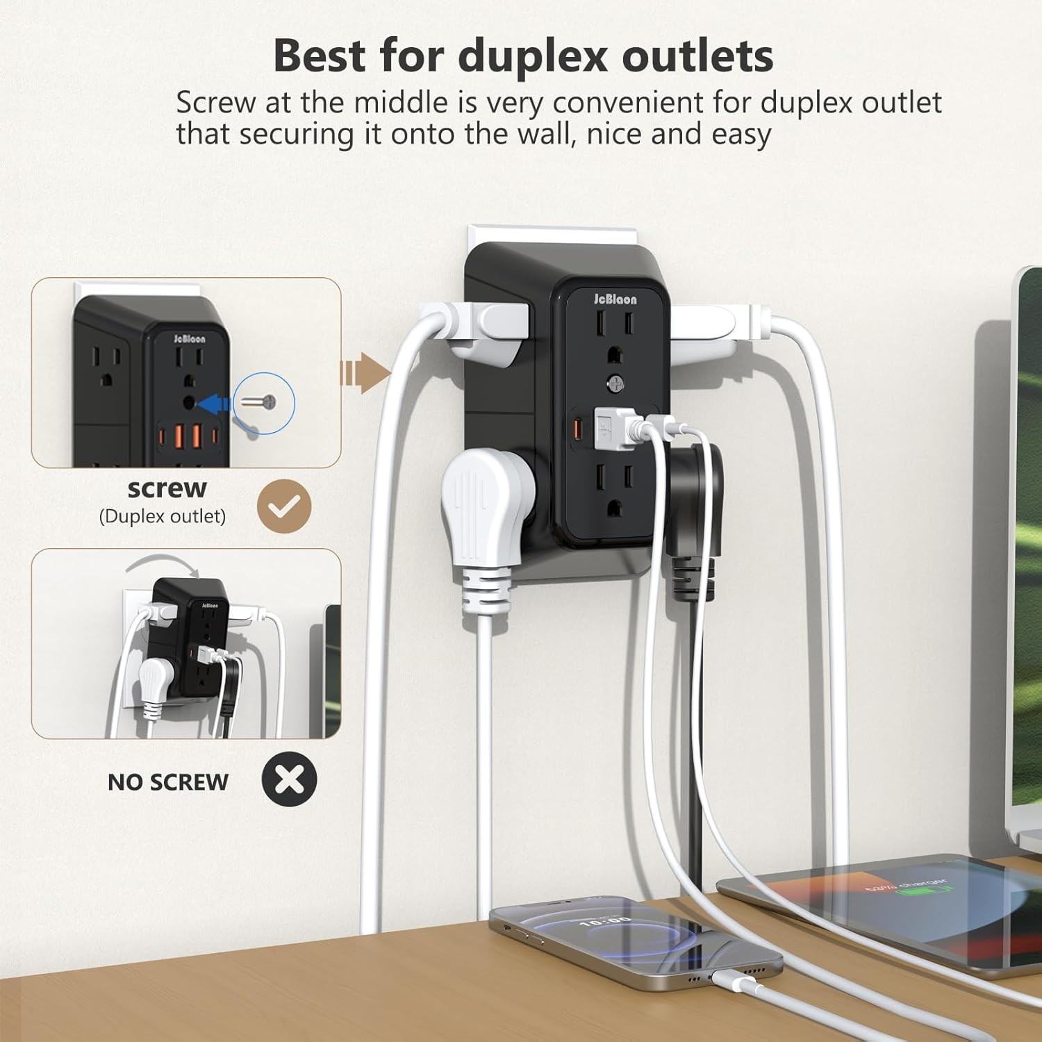 6 Outlet Surge Protector Wall Adapter – Multi Plug Extender w/4 USB Ports, Black