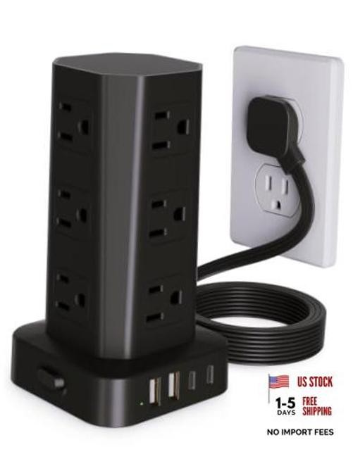 Power Strip Tower Surge Protector, 10FT Flat Plug Extension Cord 10 Ft Black