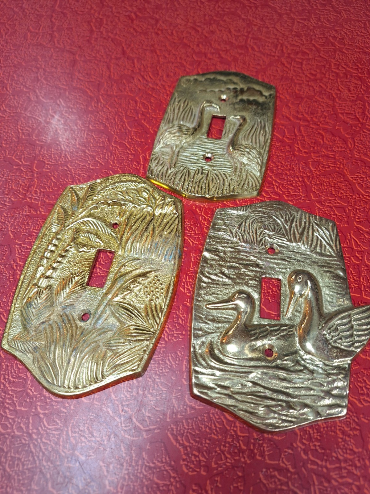 Lot of 3 True Vintage 1980s Solid Brass Switch Plate Covers Ducks Herons Palms