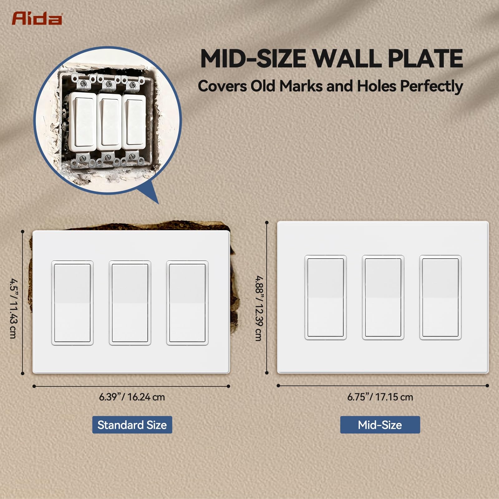 AIDA 3-Gang Midsize Mid-size Wall Plate, Matte White Screwless Plate