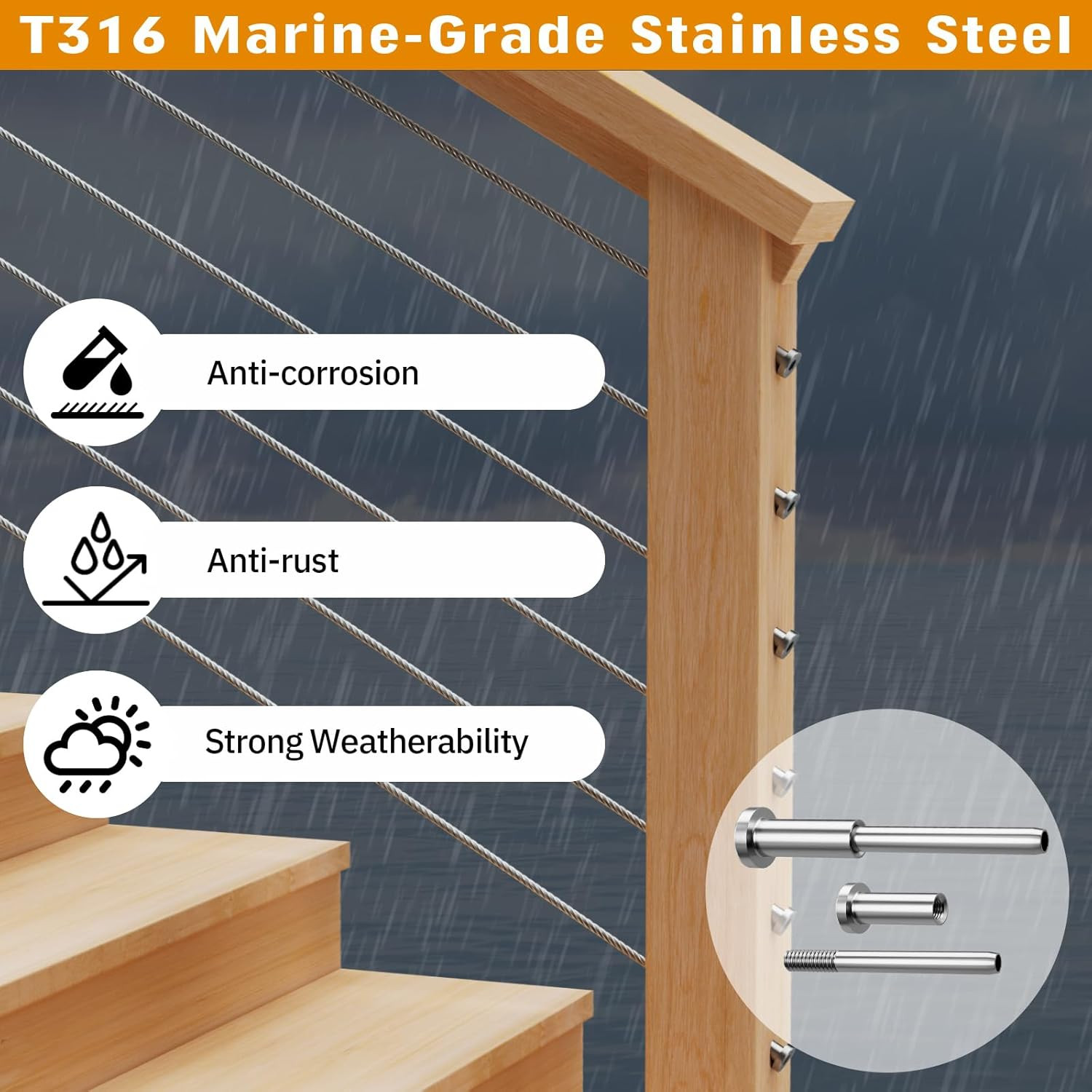 Invisible Cable Railing Kit – 50 Pack 1/8″ T316 Stainless Steel Invisible Receiv