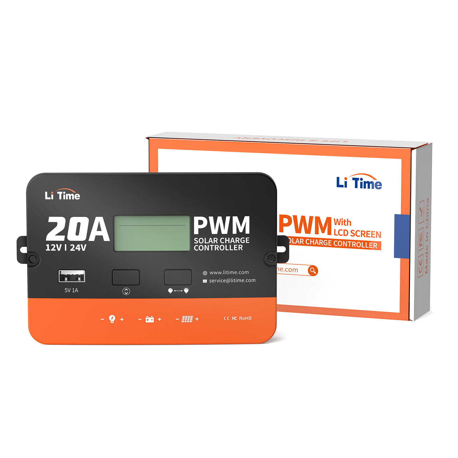 LiTime 20Amp PWM 12V/24V Solar Charge Controller with LCD Display LI/FLD/GEL/SEL