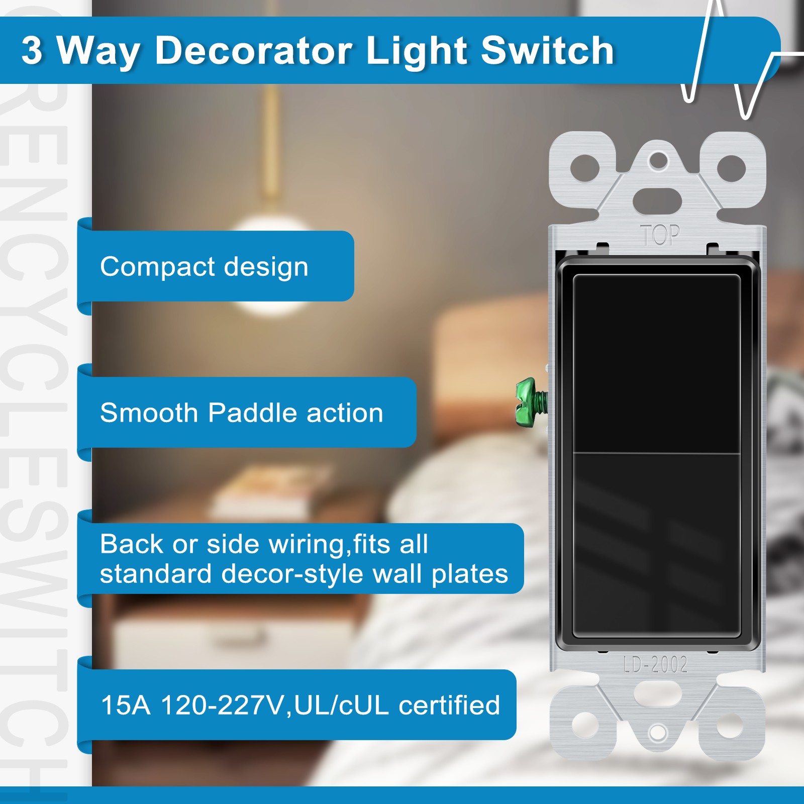 10Packs UL/CUL Listed 3 Way Rocker Light Switch 15A 120/277V Black Residential
