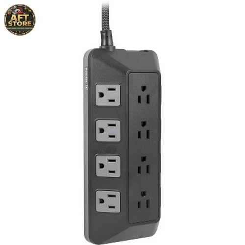 GE 12-Outlet Surge Protector with 8ft Braided Cord – Black/Gray