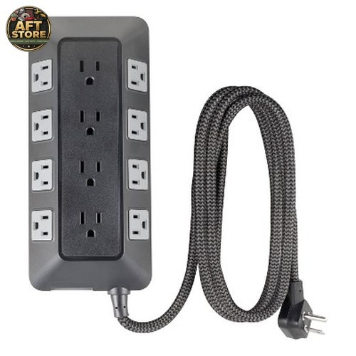 GE 12-Outlet Surge Protector with 8ft Braided Cord – Black/Gray