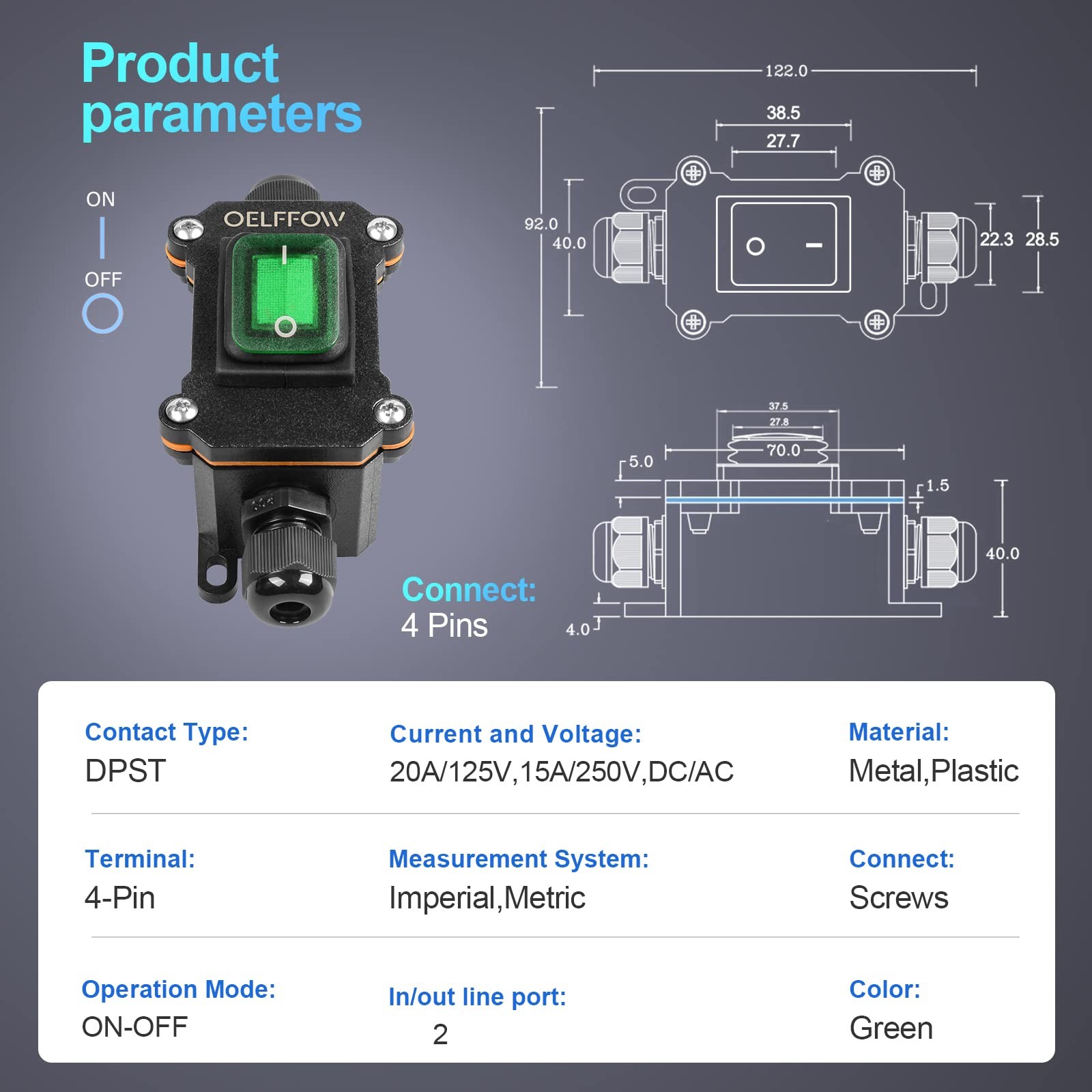 Waterproof On Off Toggle Switch Double Outlet with Green Light Rocker Button …