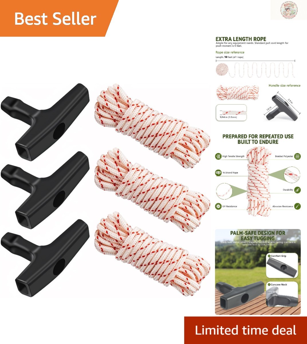 High Strength 10ft Pull Cord Rope – 3 Pack with Ergonomic Handle for Easy Use