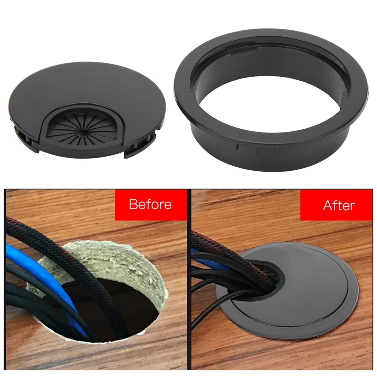10 Pcs Wiring Grommet Bright Black Desktop ABS Plastic Wire Hole Organizer For O