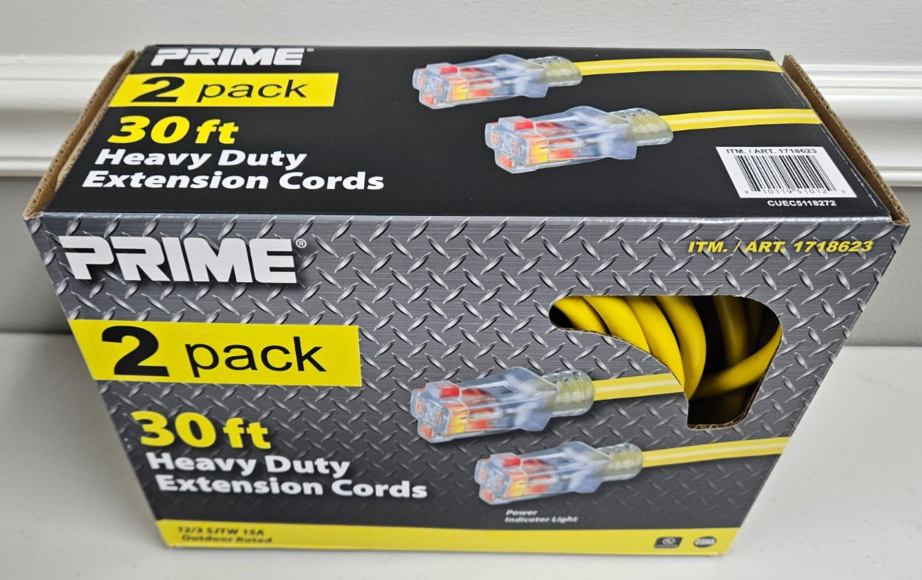 Prime 30 ft 12/3 SJTW 15A Heavy Duty Extension Cord 2 Pack Outdoor Rated Yellow