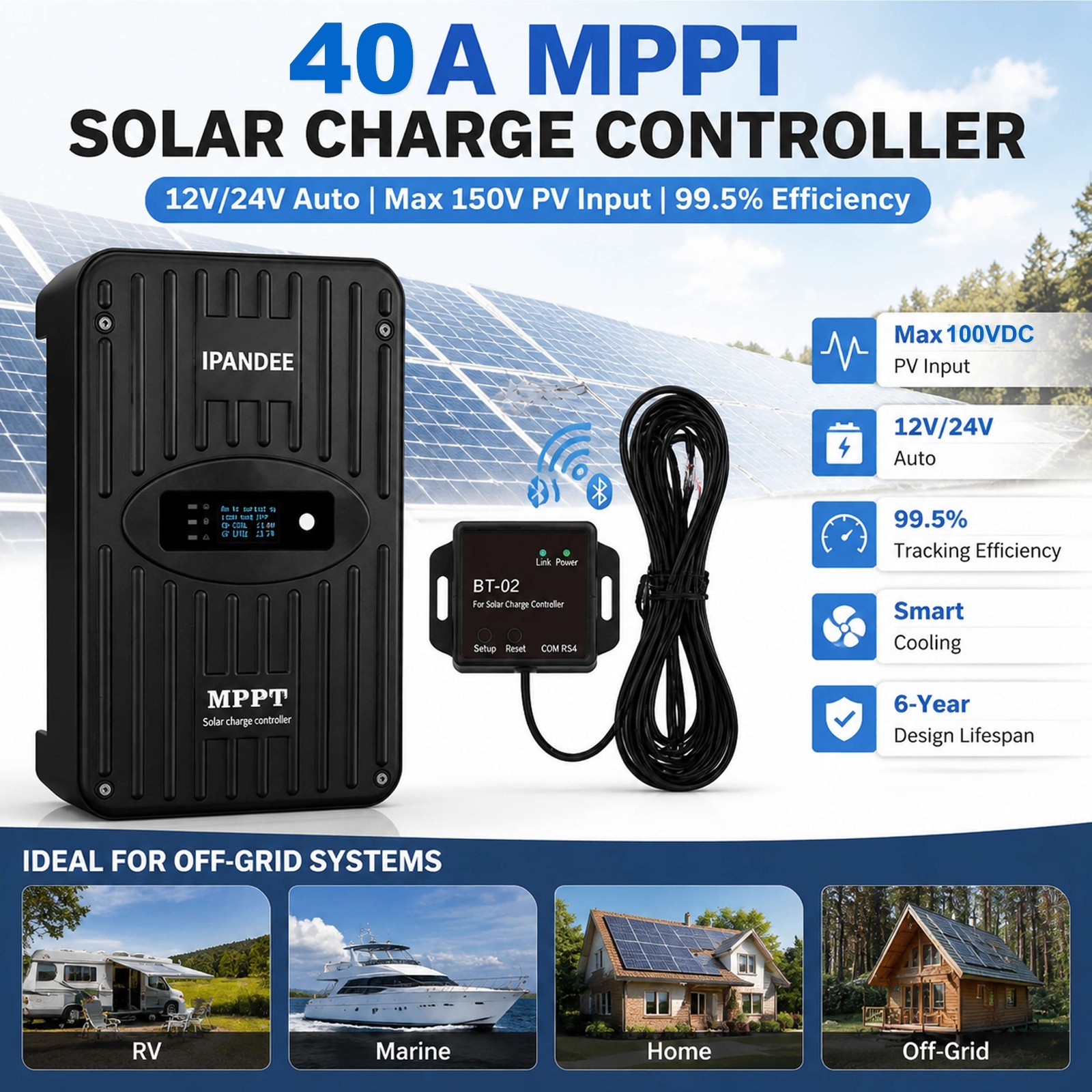 Smart MPPT Solar Charge Controller 40A 12V/24V w/Bluetooth App Wireless Control