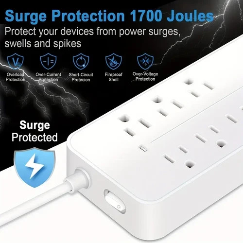 US Power Strip Surge Protector 8 AC Outlets 3 USB Ports + Type C Port 4 FT Cable