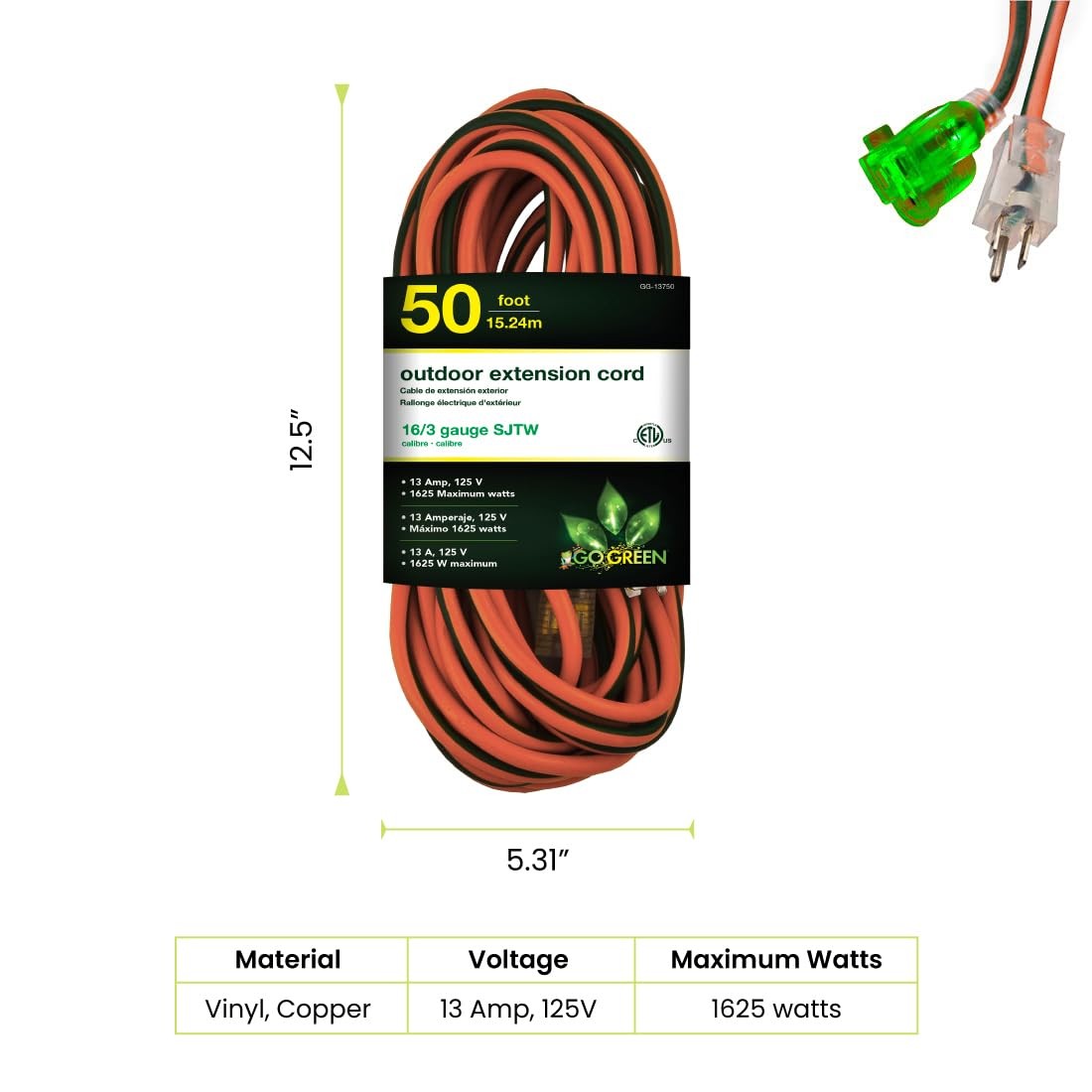 Power By GoGreen Go Green Inc. 16/3 50-Foot Outdoor 50 ft, Orange