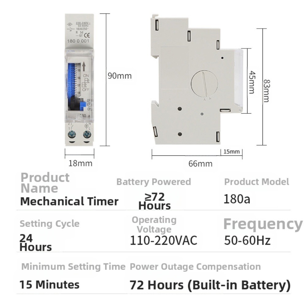 Timer Switch 180A Mechanical 15 Min Setting Rail Mount for 110 220VAC Systems