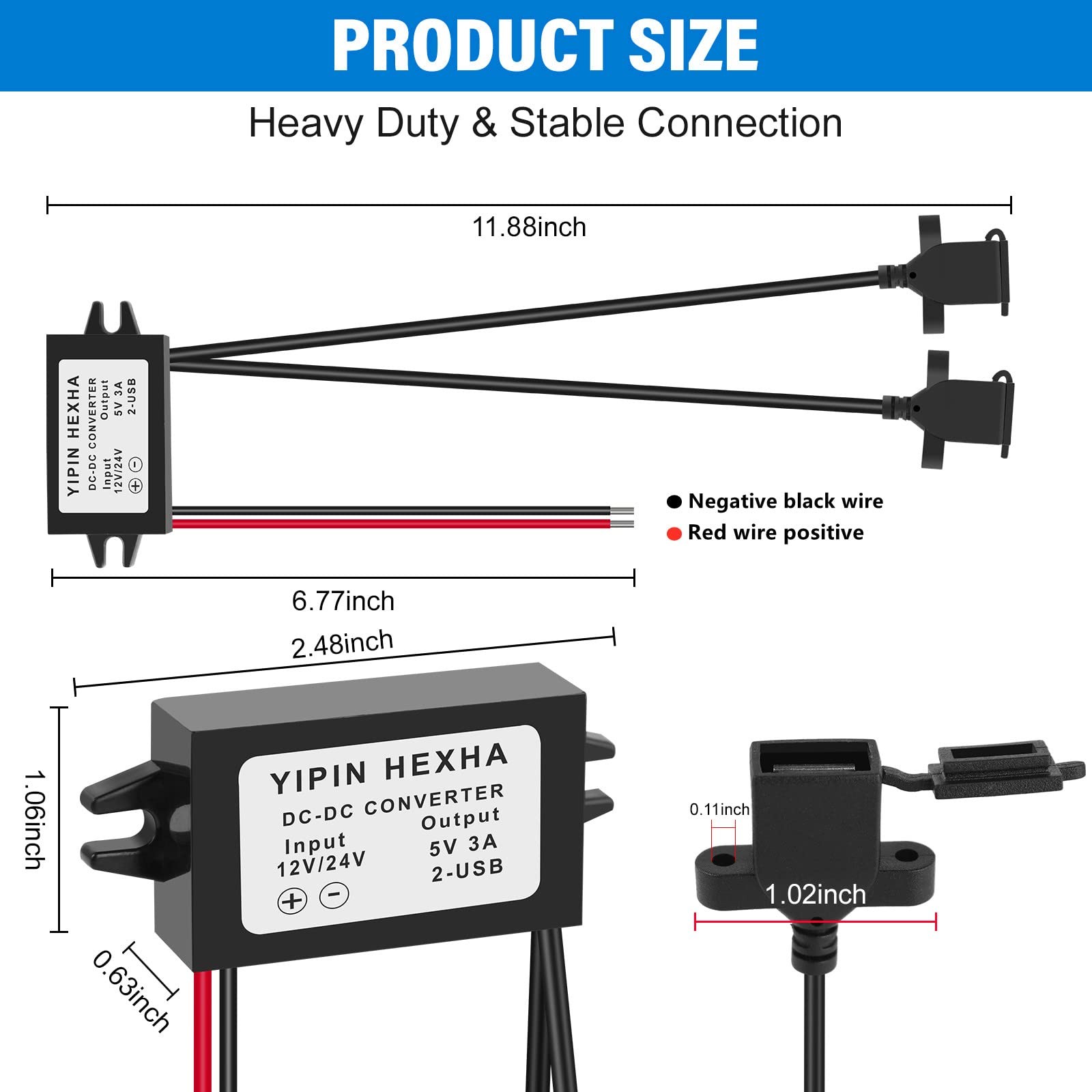 DC 24V/12V to 5V USB Type-C Right Angle Step Down 3A-Dual USB, Black