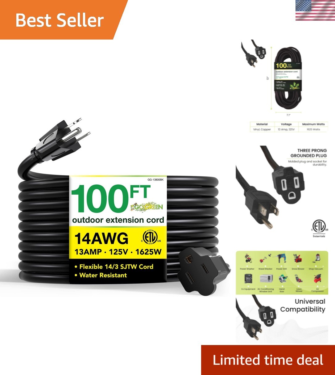 Go Green Power 100 Feet SJTW Extension Cord – Abrasion Resistant & Lightweight