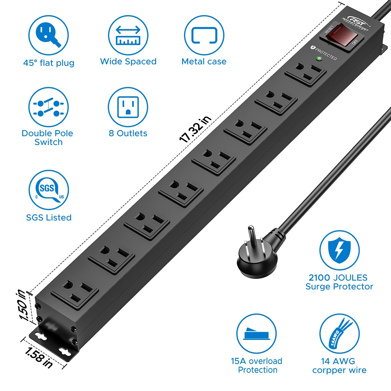 CRST 8 Outlet Metal Power Strip, 2100J Surge Protector , 6 FT Cord，15amp/1875W