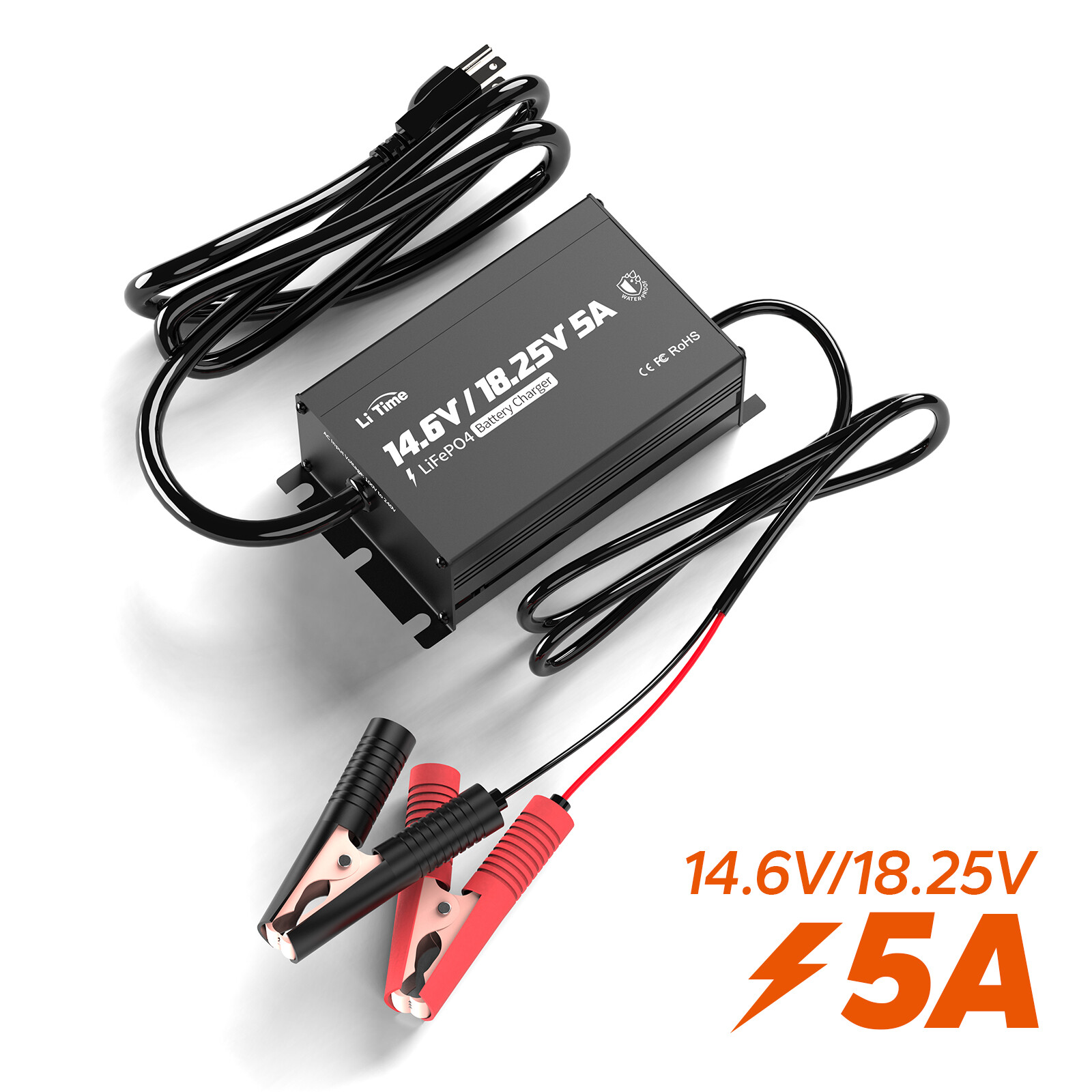 LiTime 12V 16V 5A Lithium Battery Charger Waterproof AC to DC with Dual Voltage