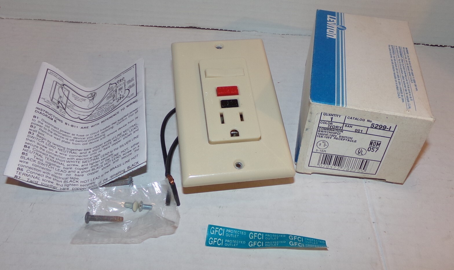 1 Leviton 5299-I Ground Fault Circuit Interrupter Switch GFCI Outlet Ivory NOS