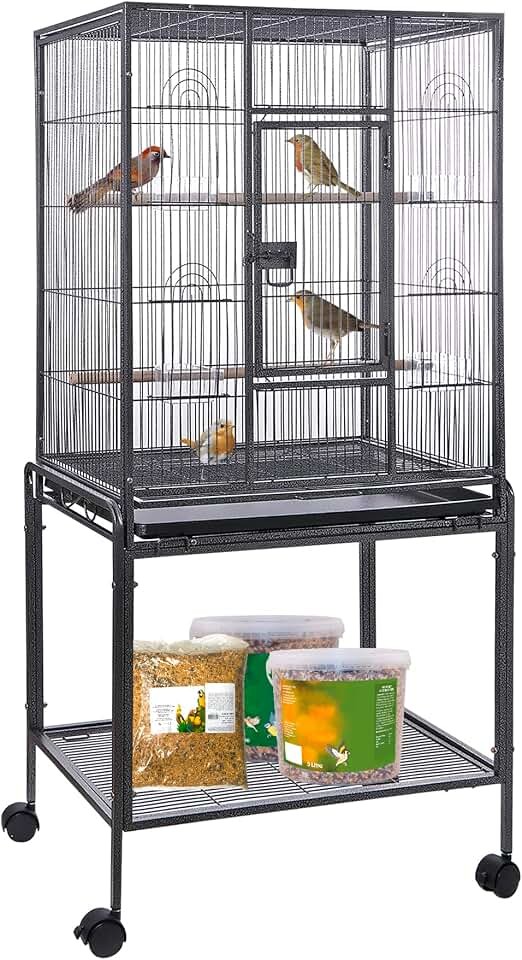 HSM 53 Inch Wrought Iron Large Bird Flight Cage with Rolling Stand
