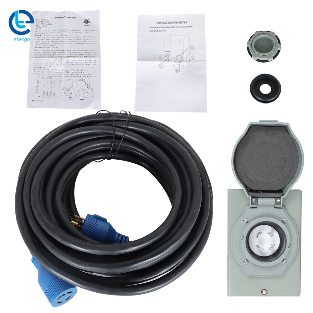 30 Amp 25/50/75/100FT Generator Extension Power Cord & Power Inlet Box Combo Kit