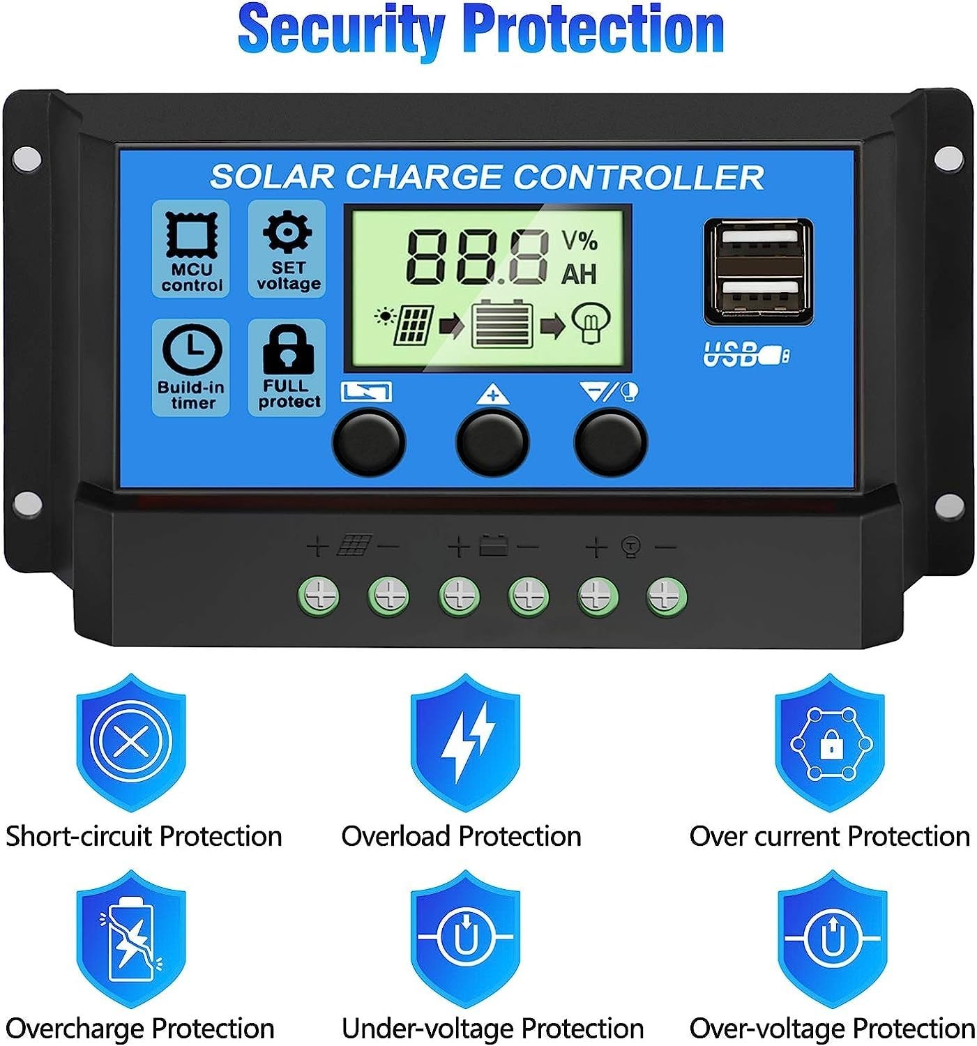 30A PWM Solar Charge Controller with Dual USB Ports & Adjustable LCD Display