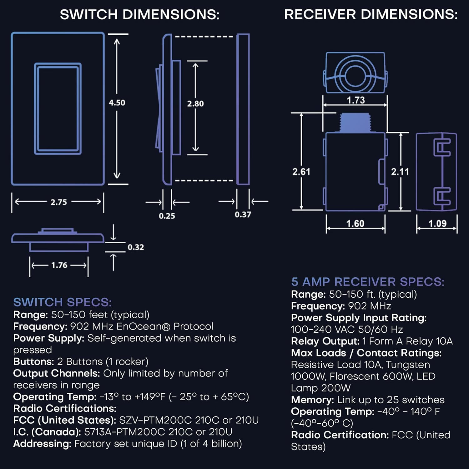 3-Way Battery-Free DIY Wireless Light Switch Kit 150Ft RF Range Self-Powered by