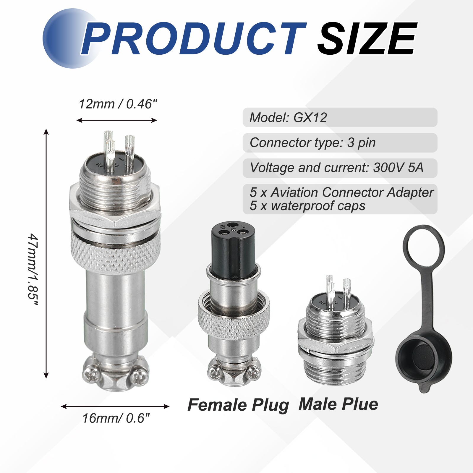 5Pcs 3 Pin Aviation Connector 300V 5A 16mm Metal Circular Connectors, Silver