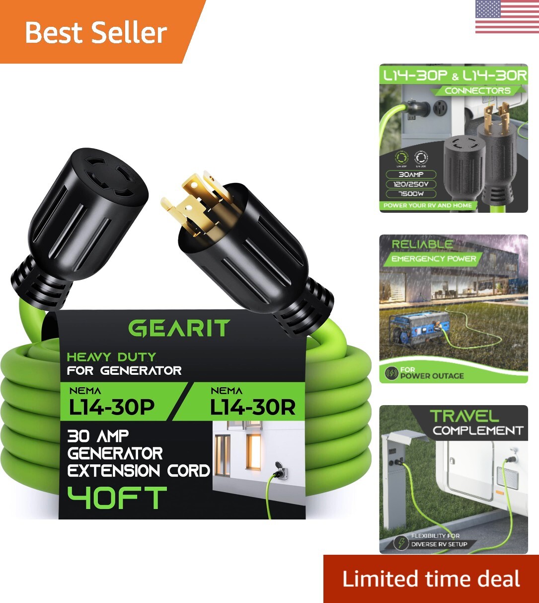 40ft Generator Extension Cord – 30 Amp, 4-Prong, 120/250-Volt, 7500W, Weather…