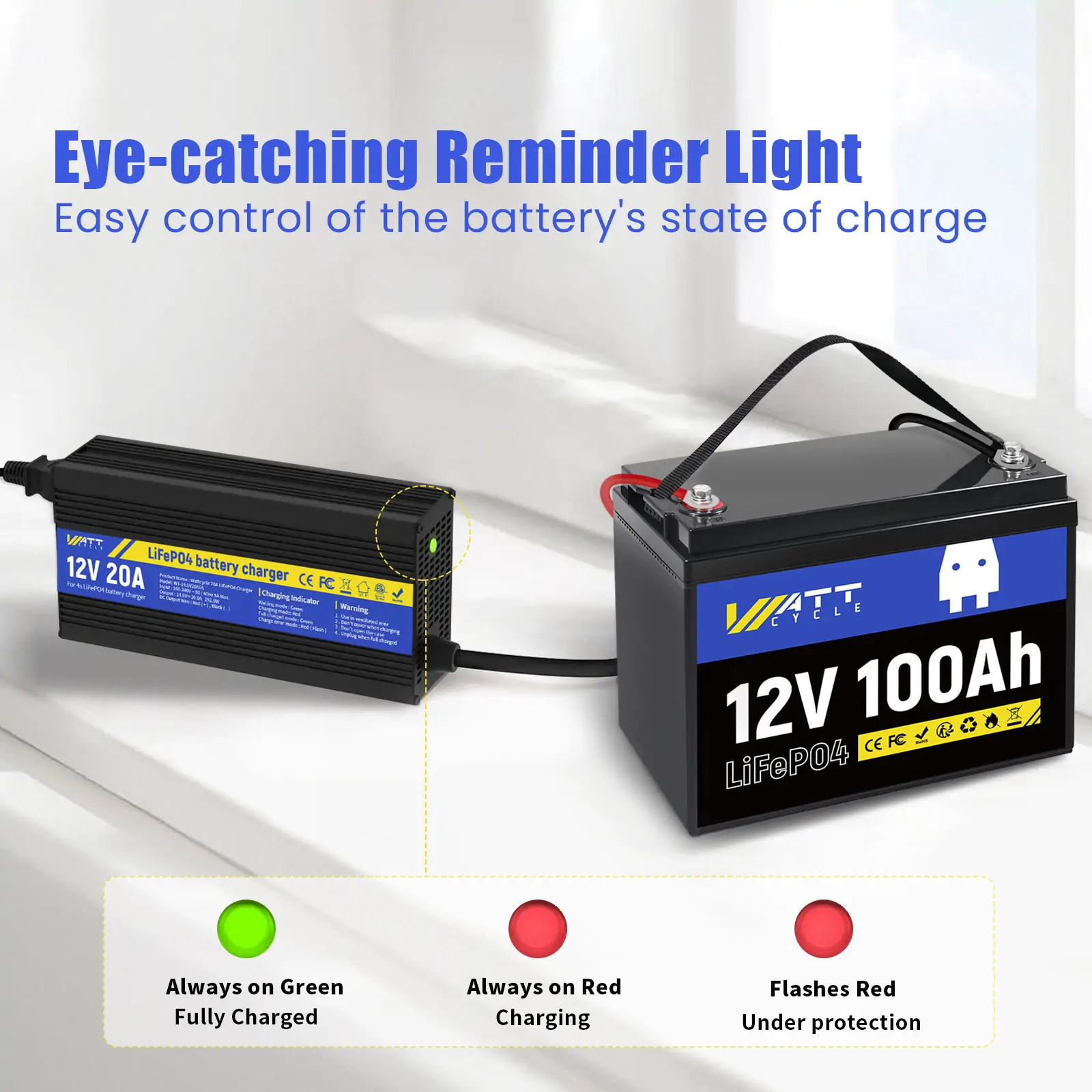 Wattcycle 14.6V 20A Aluminum Shell LiFePO4 Battery Charger for 12V Battery