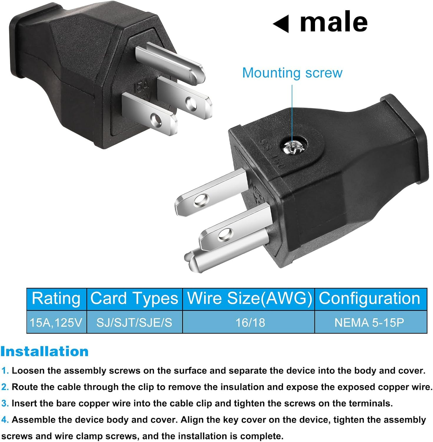 2-Pole, 3 Wire Grounding Plug Male Extension Cord Straight Blade Plug
