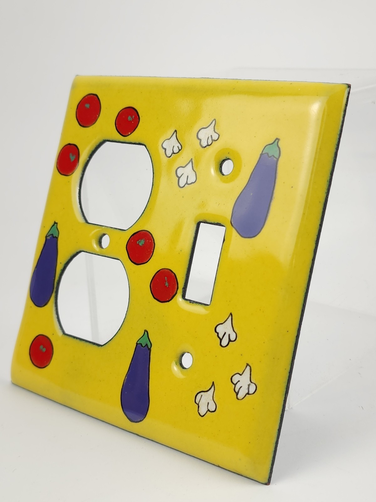 Vintage Enameled Copper Kitchen Light Switch Outlet Cover Yellow w Vegetables