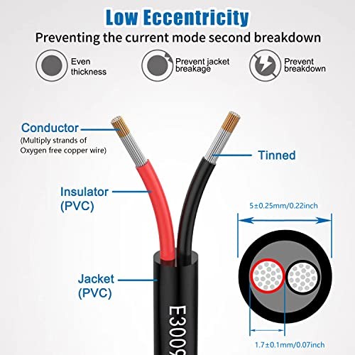 20 Awg 0.5mm² 20/2 Gauge Electrical Wire 2 Conductor Extension 100FT 20AWG-2C