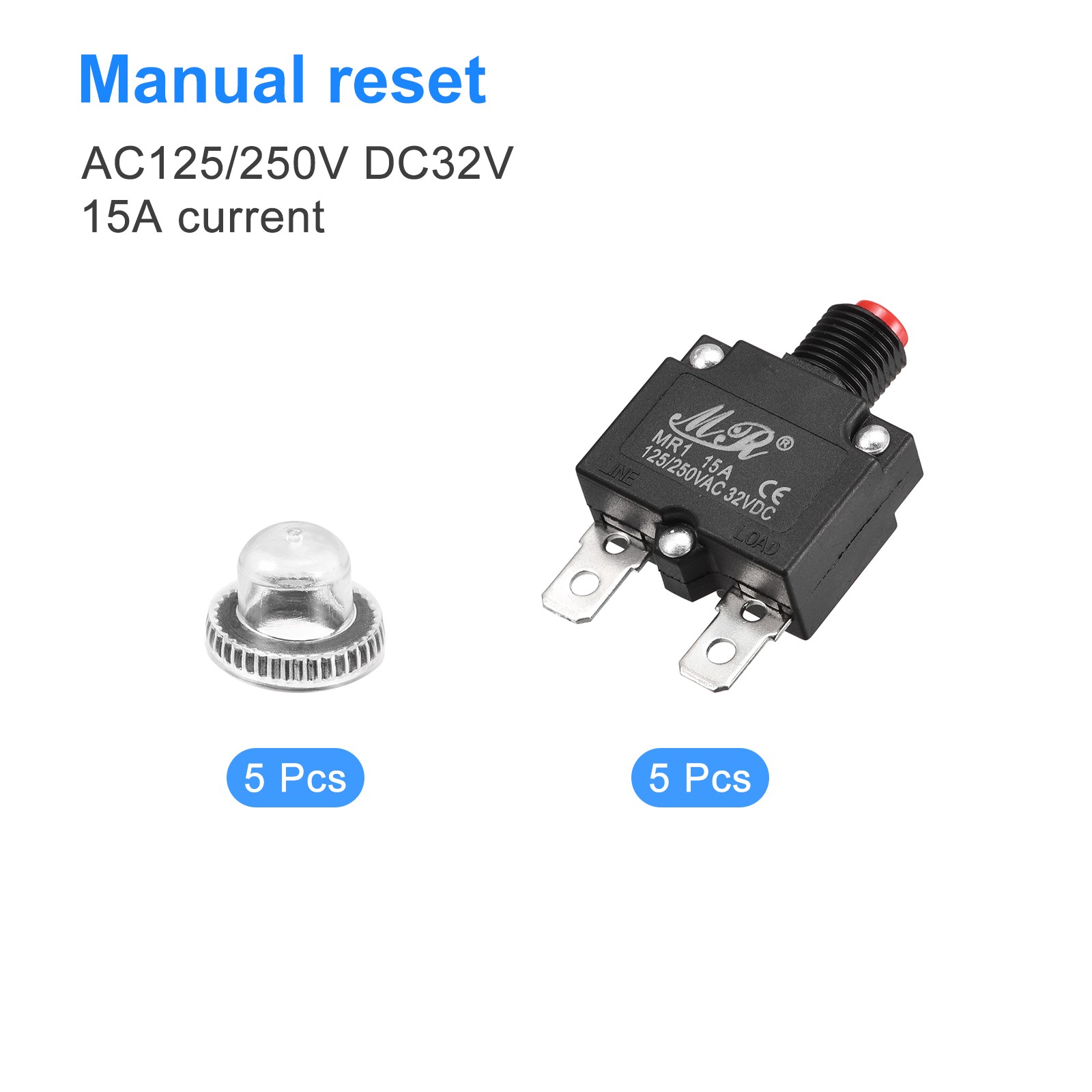 5pcs Circuit Overload Protector 15A AC125/250V DC32V Push Button Thermal