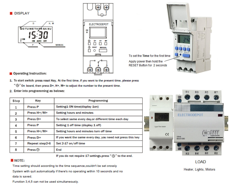 40A Timer 4 Pole Time Switch 120VAC, 7 Day 24 Hr Programmable DIN, 50A 30A, 2Hp