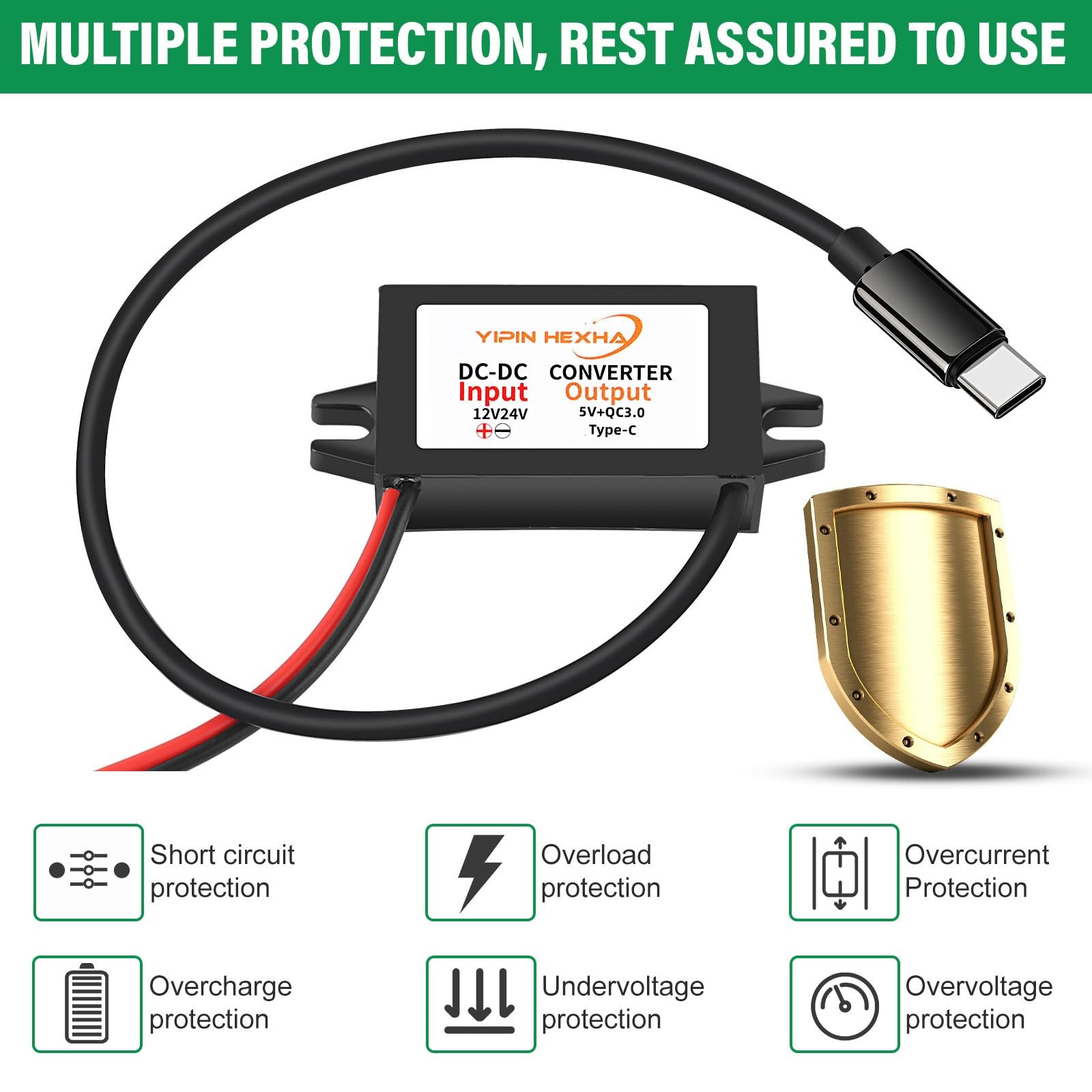 Quick Charge QC3.0 USB C Converter DC 12V/24V to 5V 3A 3A-Type-C, Black