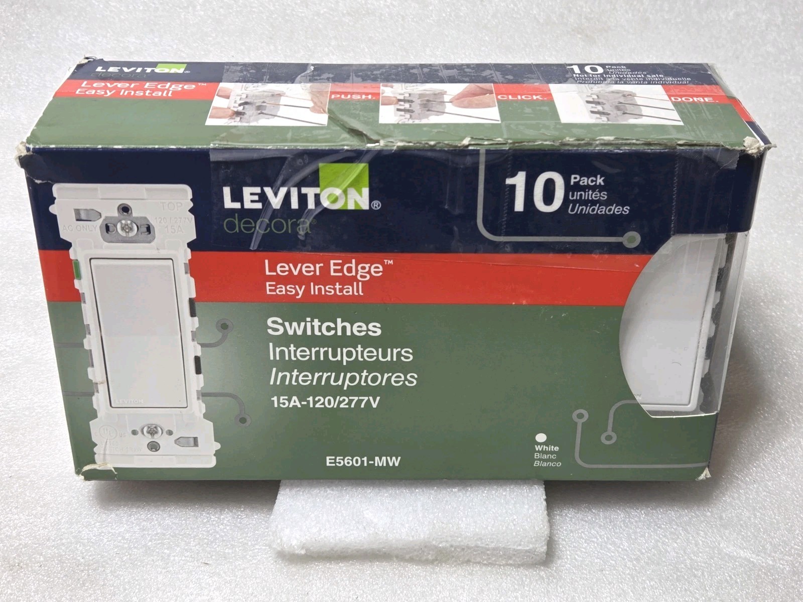 10 Pack Leviton E5601-MW White Decora Edge 15 amps Single Pole Rocker Switch