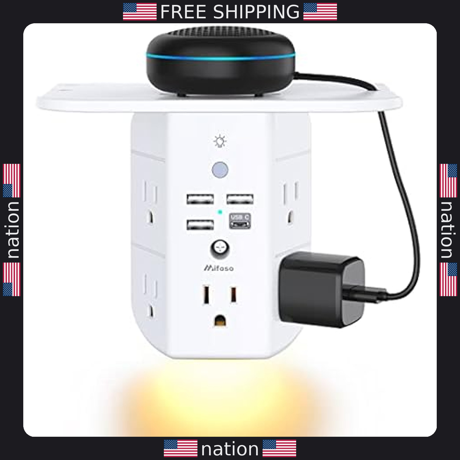 Multi-Plug Wall Outlet Extender with Shelf, Night Light & USB Ports